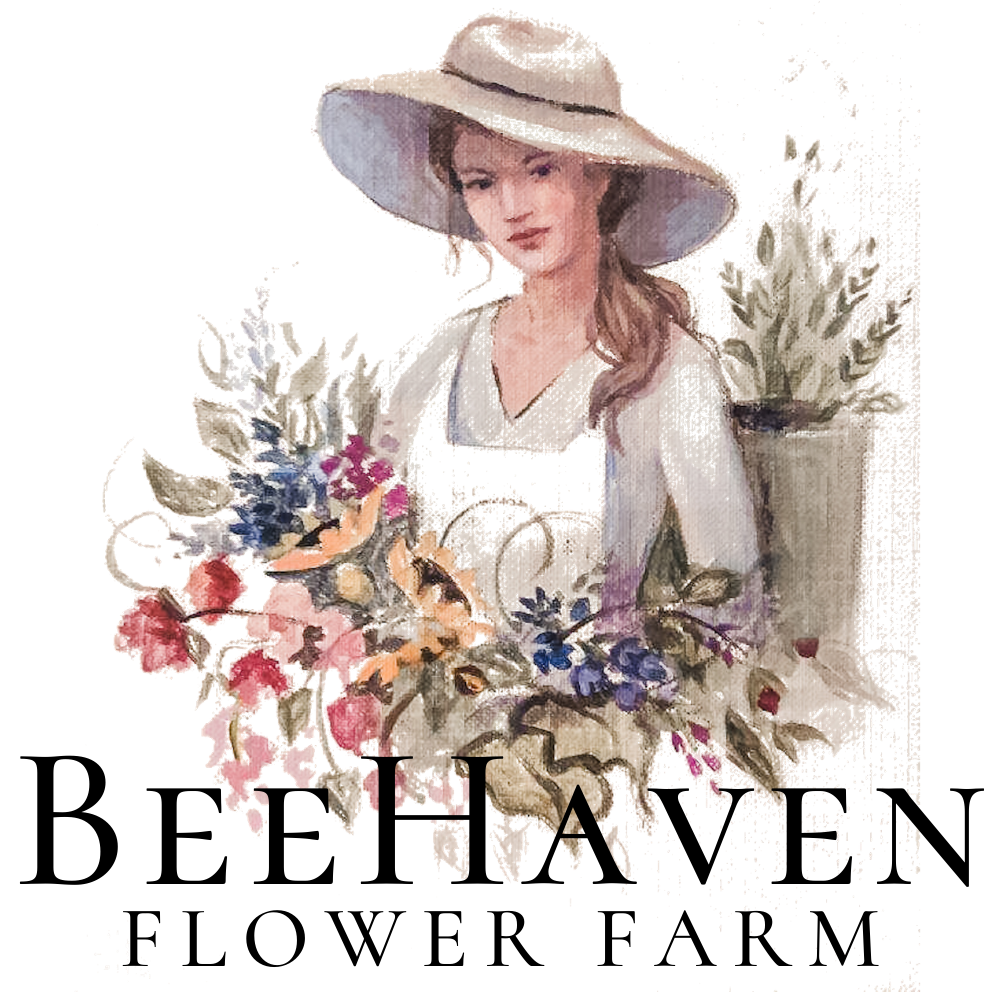 Logo for BeeHaven Flower Farm and Florist. A water color of a lady farmer with an abundance of blooms in her arms. in Bonners Ferry; Idaho